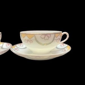 Antique Pair Bibi Japanese Hand Painted Tea Cups & Saucers